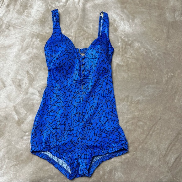 Maxine of Hollywood Vintage One Piece Button Front Blue Black Swimsuit Size 12 - Picture 1 of 10